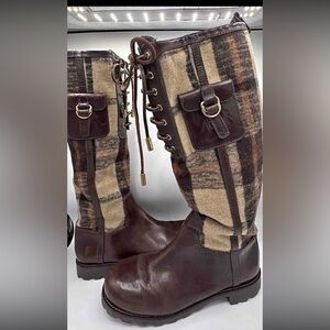 Brown and Tan Plaid Knee-High Boots